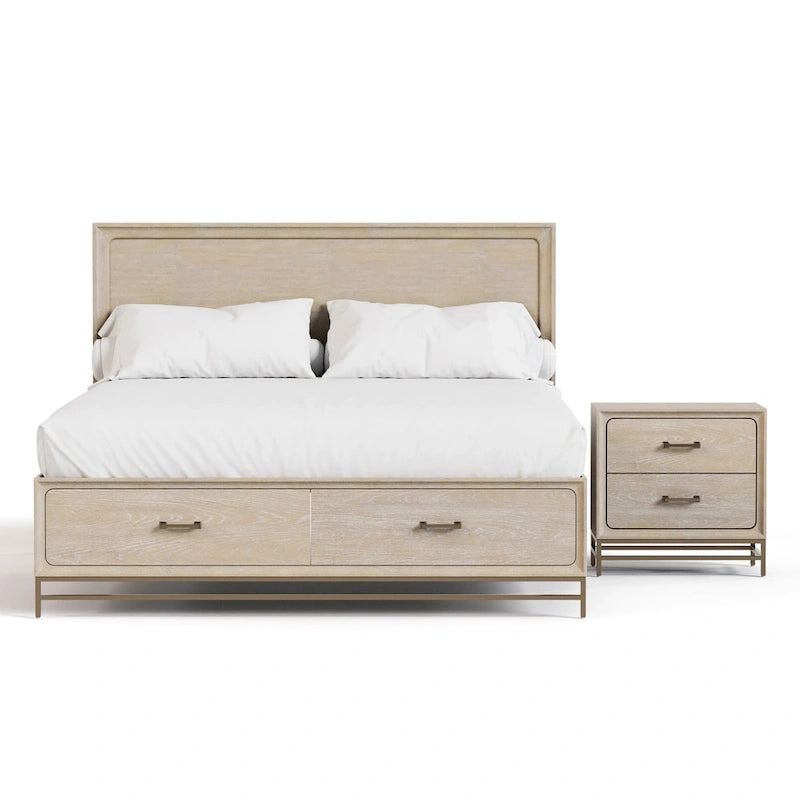 Ensemble de chambre à coucher 2 pièces en bois massif chêne transitionnel, lit et table de nuit