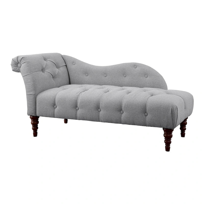 Chaise longue de 168 cm, en polyester gris capitonné, bois massif brun