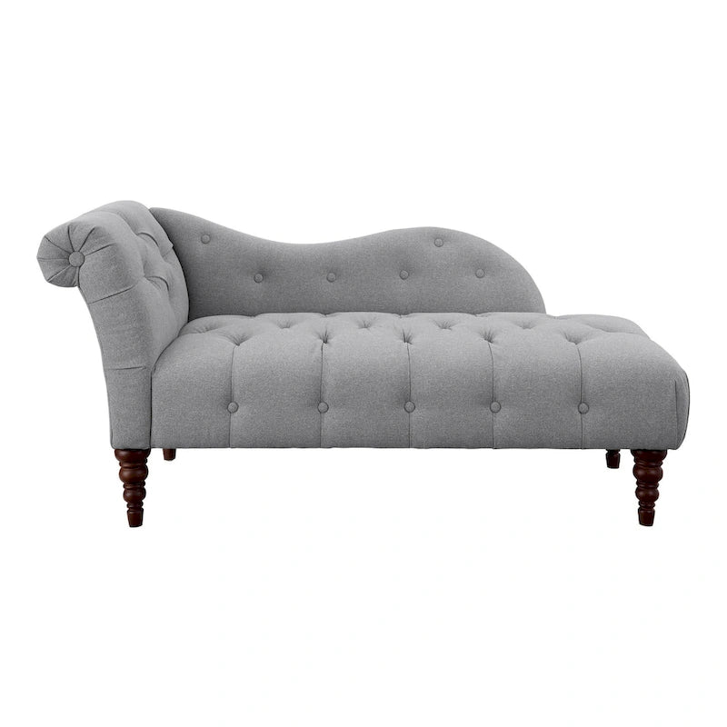 Chaise longue de 168 cm, en polyester gris capitonné, bois massif brun
