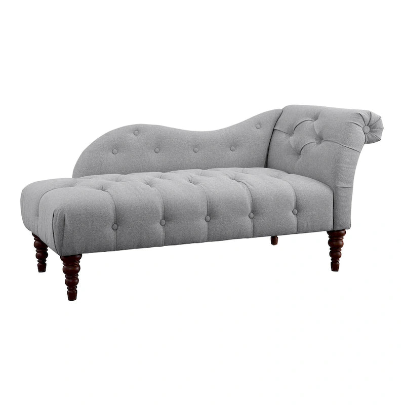Chaise longue de 168 cm, en polyester gris capitonné, bois massif brun
