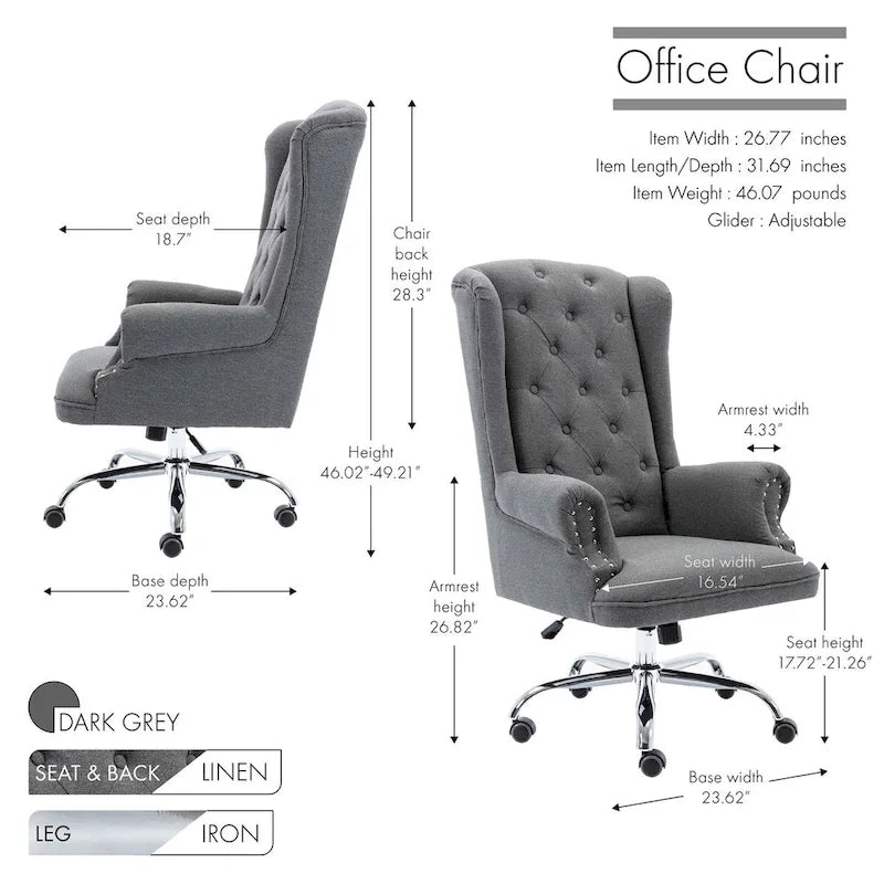 Chaise de bureau à oreilles, revêtement en lin