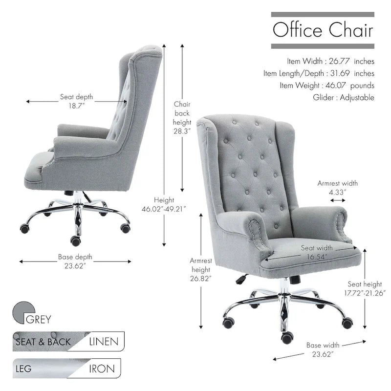 Chaise de bureau à oreilles, revêtement en lin